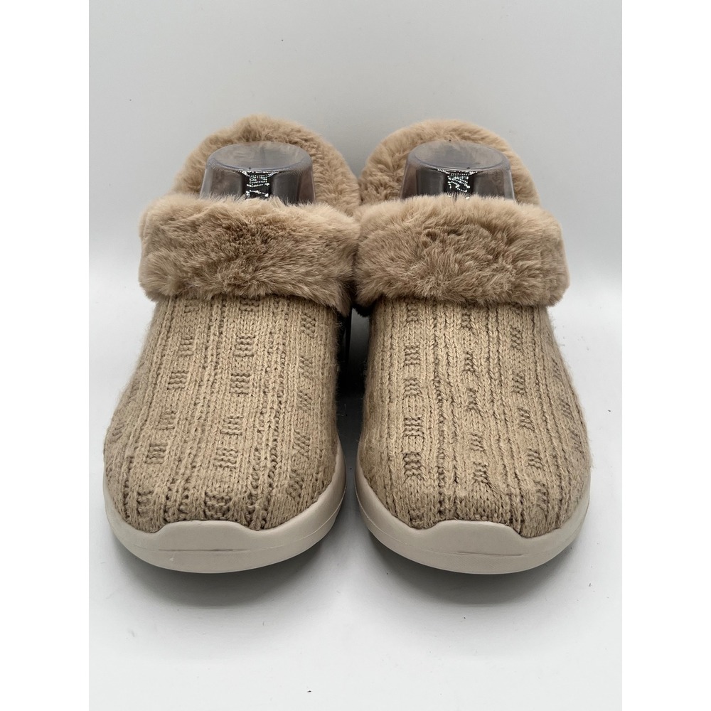 Skechersโ GoWalk Joy Women Sz 7.5 Taupe Cable Knit Faux Fur Trim Washable Shoes